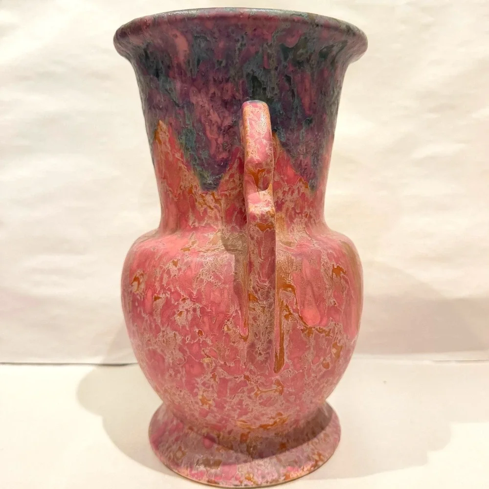 Antique Roseville Carnelian II 317-10 Rose Drip Glaze Handled Vase w/ OG Sticker